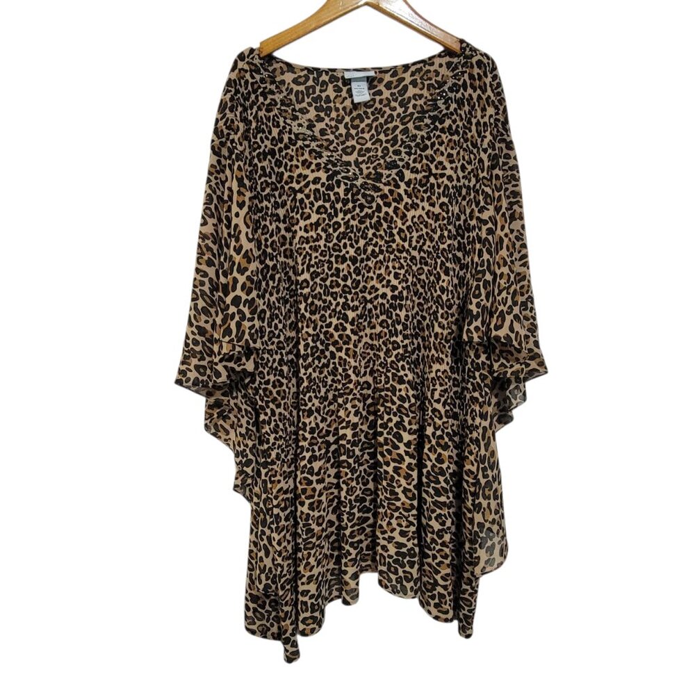 Catherines Tunic Top Womens 5X Brown Animal Print Batwing Beaded Mobwife Flowy